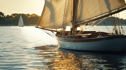 Fototapeta premium A Beautiful Sailboat Gliding on Calm Waters at Sunset, Perfect for Relaxing Moments and Scenic Views