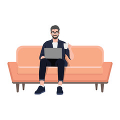 Young Man is sitting with laptop on the sofa at home. Working on a computer with coffee mug. Flat vector character illustration