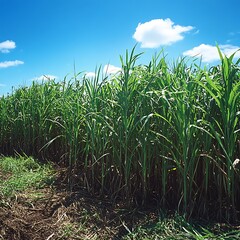 Obraz premium Sugar Cane field with blue sky and white clouds background.