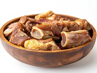Close-up of a wooden bowl filled with savory, glistening pieces of cooked pork ribs.