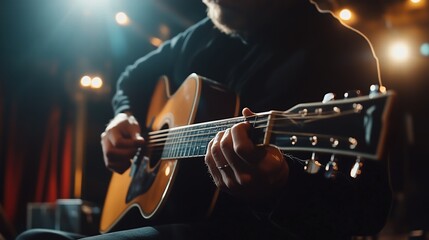 Obraz premium Musician playing acoustic guitar on stage during concert