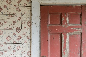 Rustic red door with faded floral wallpaper.