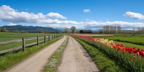 Naklejka premium A dirt road with a wooden fence and a small house in the distance. The road is lined with flowers, including a row of red tulips. The scene is peaceful and serene, with the bright blue sky
