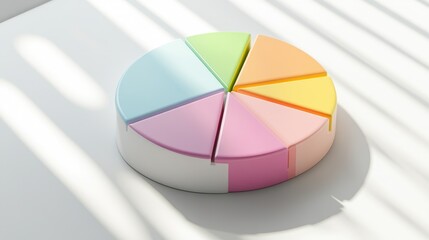 Fototapeta premium D financial pie chart with colorful slices, placed on a white surface with shadow effects, symbolizing data distribution in a business setting