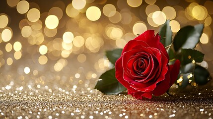 Single red rose on gold glitter background with bokeh lights.