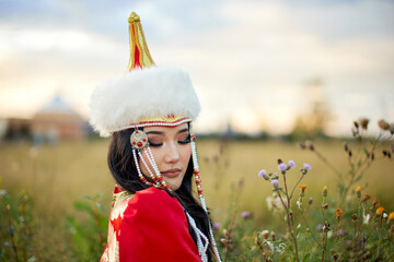 Mongolian girl wearing traditional costume of the Mongolian Ordos tribe