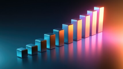 Abstract D financial bar chart with metallic bars and a reflective surface, surrounded by a gradient background, illustrating financial growth