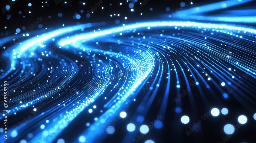 Poster abstract line graph with glowing lines and data points on a blue and black gradient background, repr