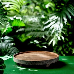 Obraz premium Wooden Round Tray Podium Green Leaves Background Product Display Mockup