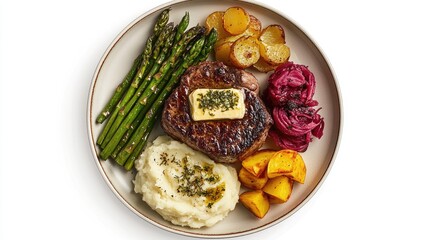 An elegant plate featuring a perfectly cooked steak topped with a pat of herb butter, surrounded by colorful side dishes like mashed potatoes and asparagus, all against a white background.