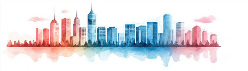 Obraz premium vibrant watercolor skyline featuring tall buildings in red, blue, and white hues, reflecting on water, creating serene urban landscape