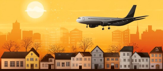 Naklejka premium Minimal Vector Airplane Flying Over City at Sunset