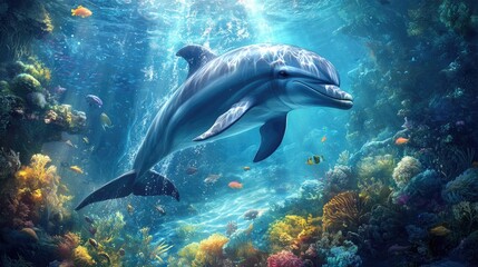 Fototapeta premium An underwater shot of a dolphin gliding gracefully through the ocean, surrounded by schools of fish, showcasing the beauty of marine life