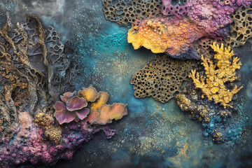 A coral reef with intricate textures and vibrant colors