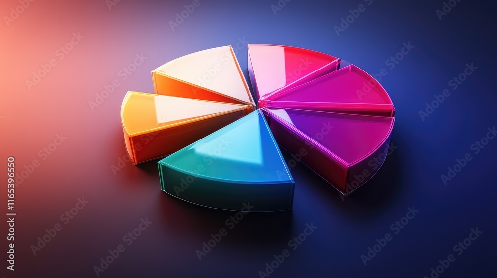 Poster a d exploded pie chart with each segment floating apart from the center, vividly colored and illumin