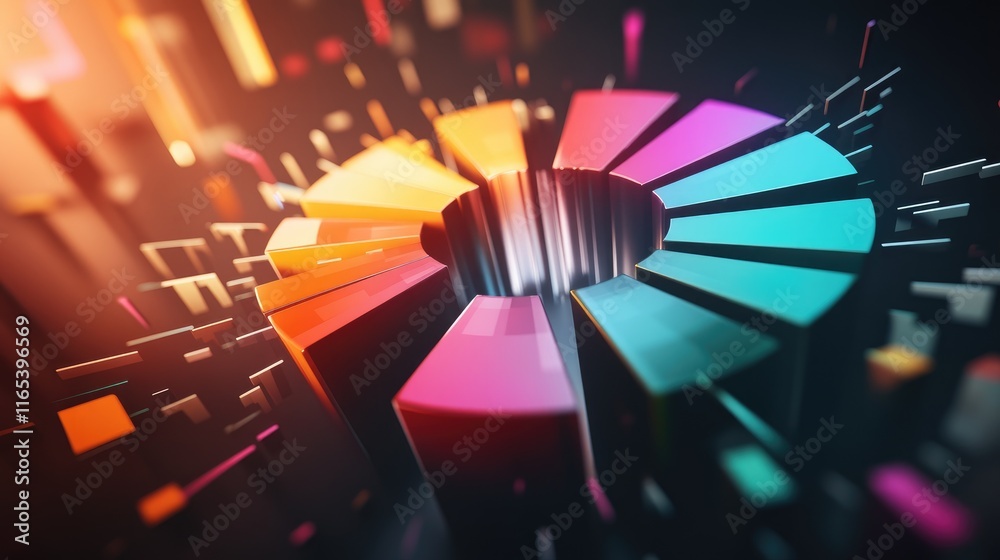 Poster a d exploded pie chart with each segment floating apart from the center, vividly colored and illumin