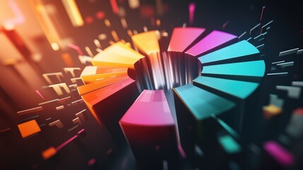 Fototapeta premium A D exploded pie chart with each segment floating apart from the center, vividly colored and illuminated, representing data comparison.