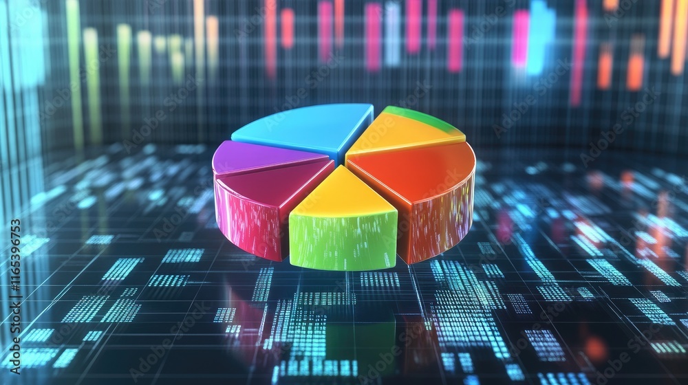 Poster a d pie chart floating in a digital space with each segment vividly colored and detached, symbolizin