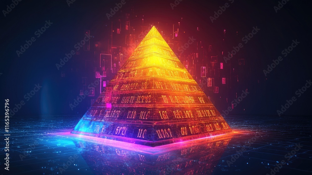 Poster a d pyramid chart with levels ascending, each layer representing a different statistic, with glowing
