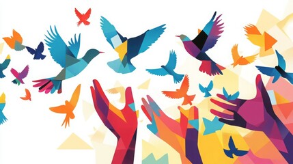 Colorful birds fly towards outstretched hands, symbolizing freedom and hope.