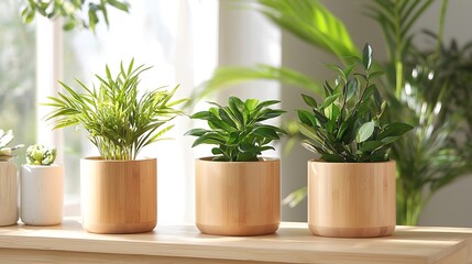 Fototapeta premium Three potted houseplants on a wooden shelf by a window, bathed in sunlight.