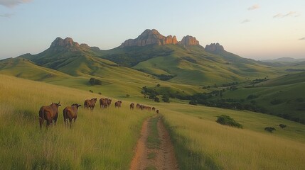 Obraz premium Cows grazing on a path with mountains in the background.