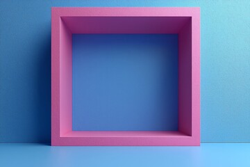 Pink square shelf against a blue textured wall