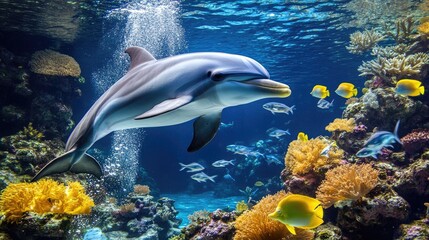 Fototapeta premium A breathtaking underwater shot capturing a dolphin swimming alongside a school of fish, emphasizing the harmony of marine life in its natural habitat