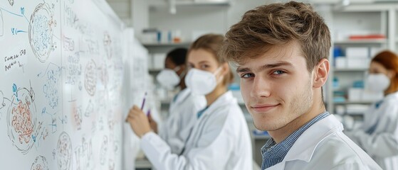 Obraz premium World Cancer Day education concept. Young scientists collaborating in a laboratory setting with whiteboard notes.