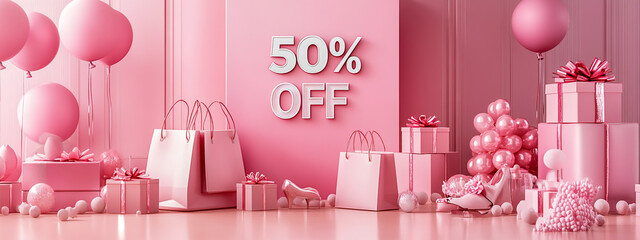 Shopping bags and shoes elements, with gift boxes and balloons background