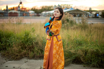 Mongolian girl wearing traditional costume of Khalkha tribe