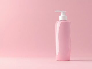 A sleek pink bottle with a pump cap against a soft pink background, ideal for cosmetics or lotion.