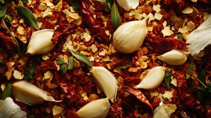 A close-up of chili flakes and whole dried chilies, paired with garlic cloves and herbs, emphasizing their role in creating bold, spicy flavors in dishes.