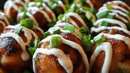 A close-up of crispy, golden takoyaki balls, garnished with green onions, drizzled with mayonnaise and savory sauce, creating a delicious and inviting presentation.