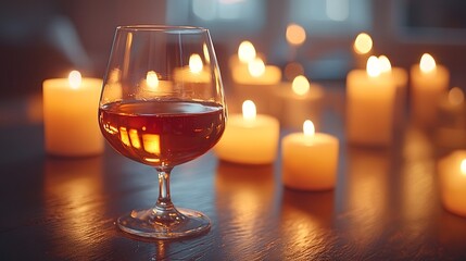 Elegant Brandy Glass with Flickering Candlelight Reflections Intimate Romantic Setting