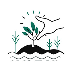 Hand nurturing plant growth against simple background