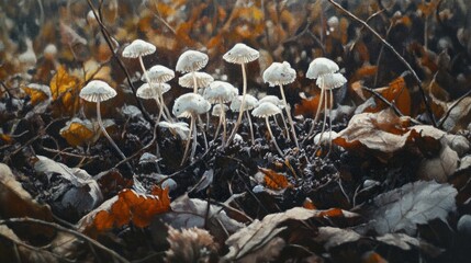 A close-up of delicate white mushrooms sprouting from the damp earth, surrounded by fallen leaves and twigs, capturing the beauty of nature