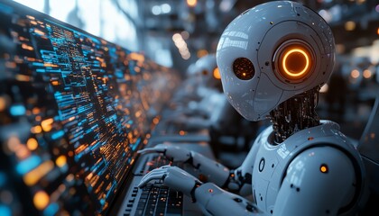 Fototapeta premium Chatbot virtual assistant powered by AI, assisting customers with questions on a website, modern technology and customer support concept