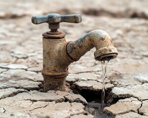 Climate change art A rusting faucet with water trickling onto cracked earth, representing the droughts and water crisis caused by global warming