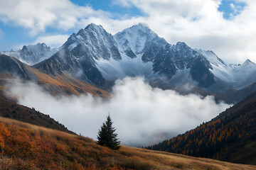 Fototapeta premium Dramatic mountain peaks rise above a sea of clouds, with autumn-colored forests adorning the slopes. The scene captures the rugged beauty of the mountains against a dynamic sky.
