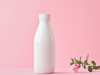 A minimalist white bottle against a pink background with a small rose branch.