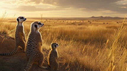 A family of meerkats standing upright, scanning the horizon for danger in a dry savanna.