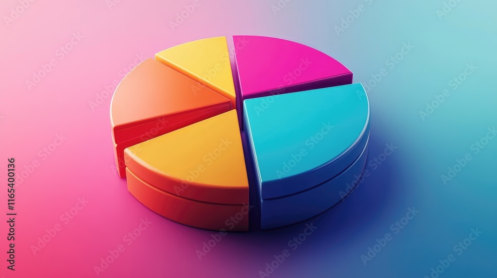 Poster a colorful d pie chart with vibrant slices emerging from a circular base, casting realistic shadows 