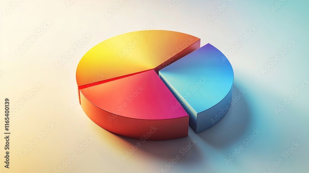 Poster a colorful d pie chart with vibrant slices emerging from a circular base, casting realistic shadows 