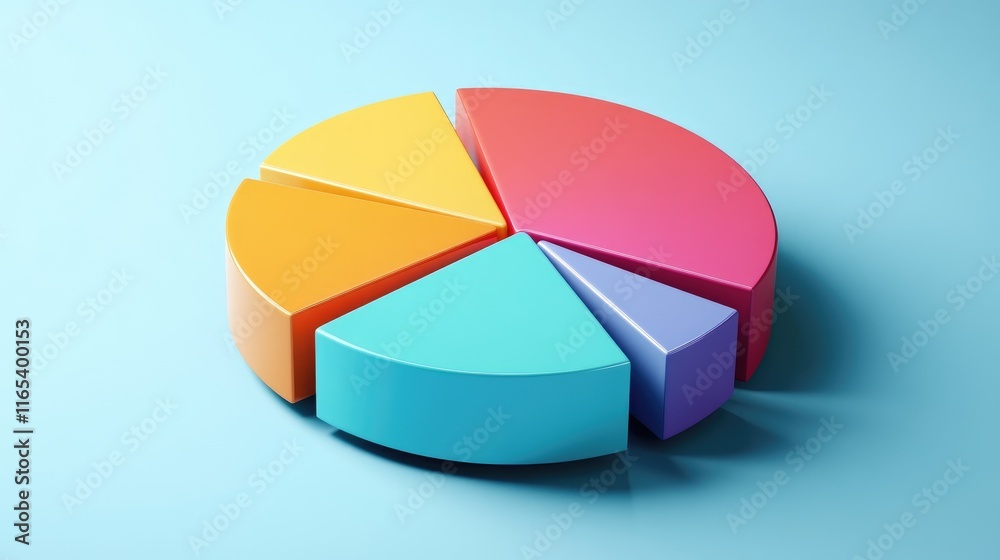 Poster a colorful d pie chart with vibrant slices emerging from a circular base, casting realistic shadows 