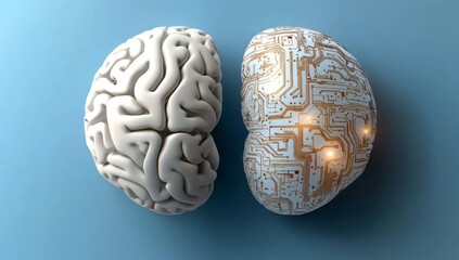 Detailed Illustration of Two Brains, One Half Circuitry and the Other Half White with Gray Structures