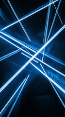 Obraz premium Blue and white lasers crossing at sharp angles