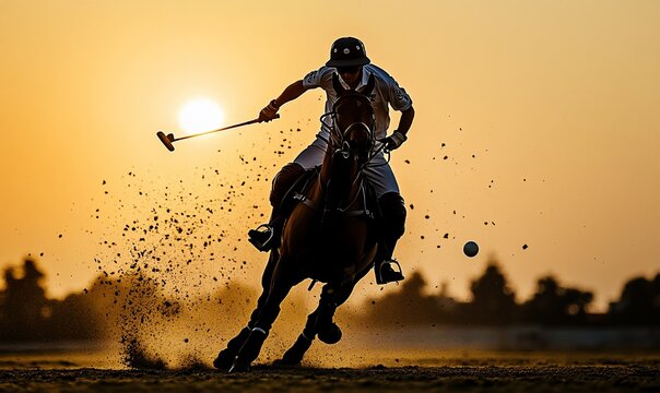 Silhouette of polo player hitting ball during sunset.