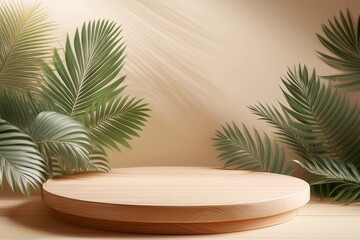 Obraz premium Wooden cut podium on beige background with palm tree shadow. Stand for the presentation of beauty products, cosmetics