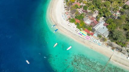 Amazing aerial view of Gili Air coastline on a sunny day, Indonesia